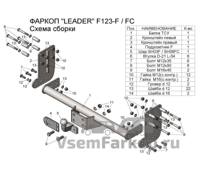 Фаркоп Лидер Плюс F123FC Ford Transit 2014