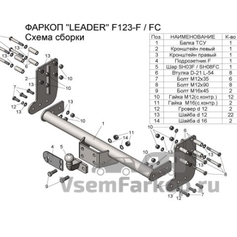 Фаркоп Лидер Плюс F123FC Ford Transit 2014